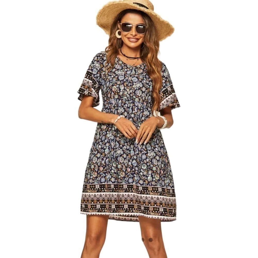 anna-kaci Bohemian Navy Print lightweight Short Sleeve Relaxed versatile Dress